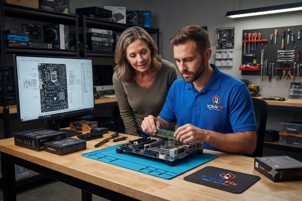 1ClickFix technician assessing computer hardware with a customer