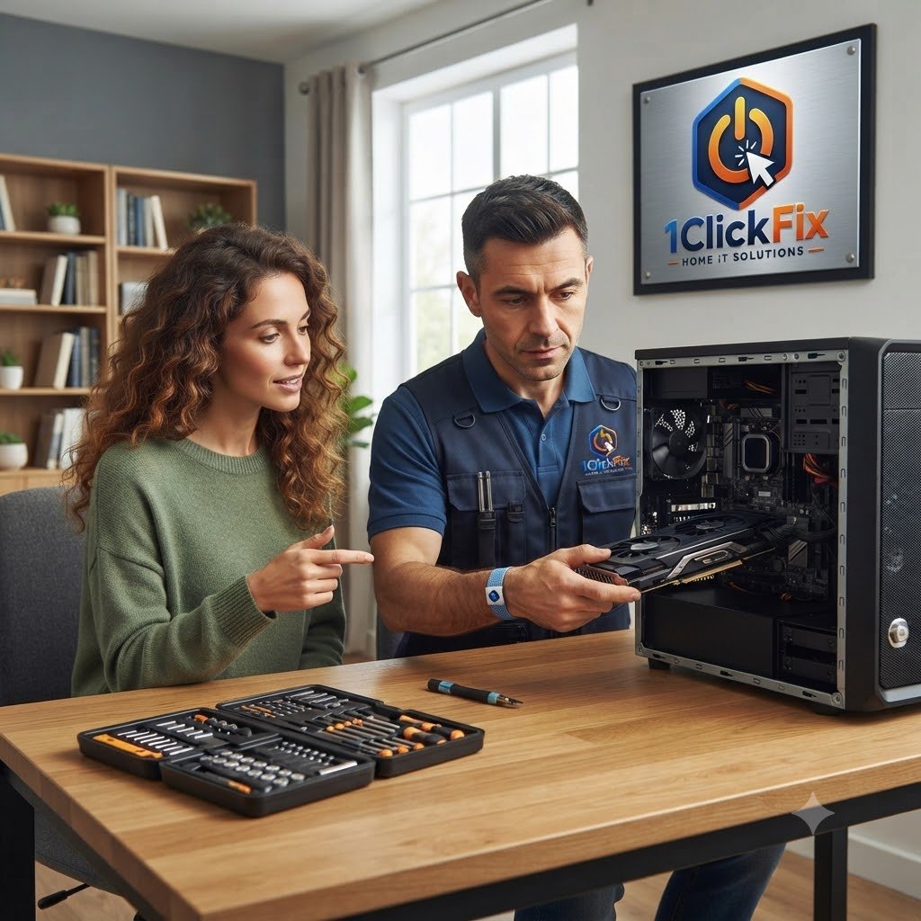 1ClickFix technician reviewing computer hardware with a customer