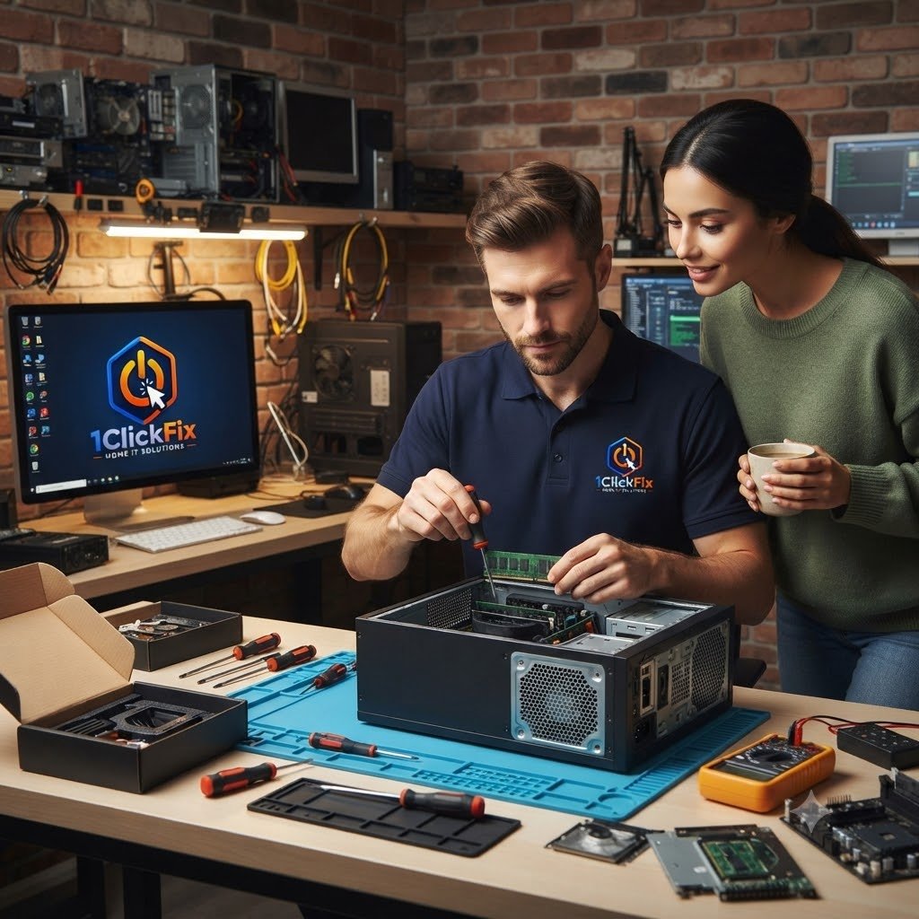 Technician discussing a desktop computer hardware upgrade with a customer