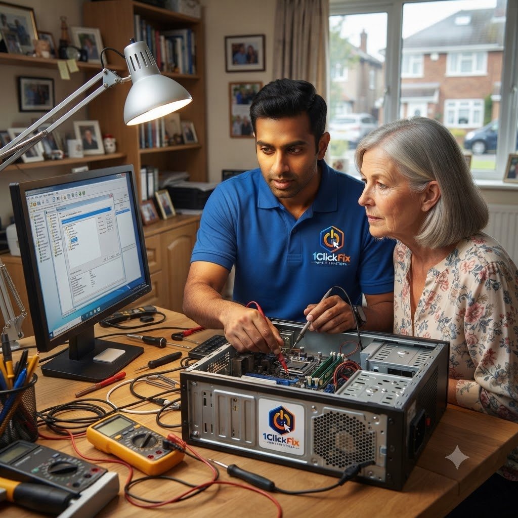 1ClickFix technician diagnosing a computer with a customer