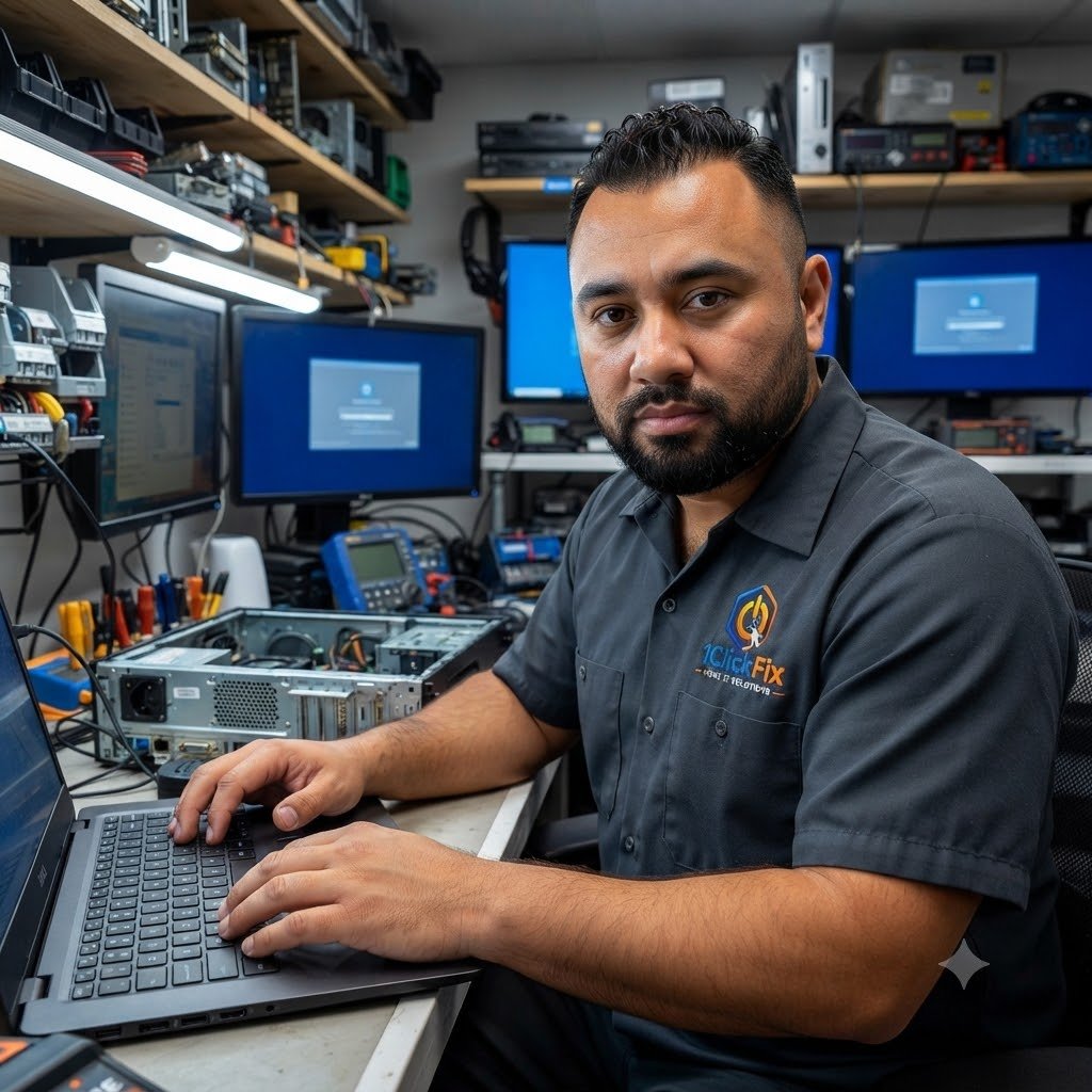 1ClickFix technician performing computer maintenance and optimization